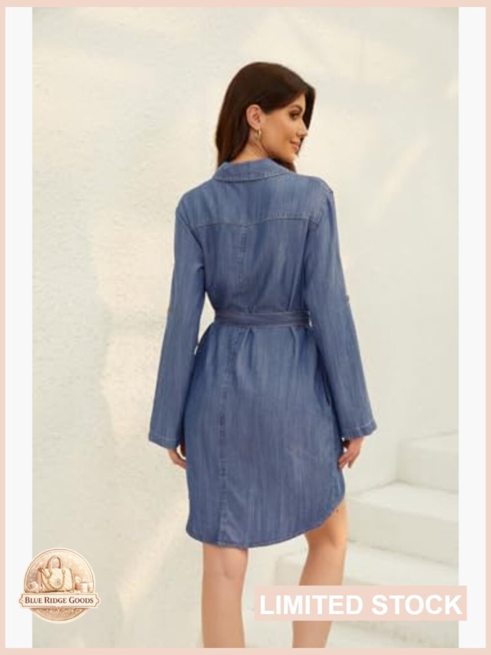 Denim Shirt Dress Casual Button Down Tie Waist Long Sleeve Midi Wrap Style - Picture 4 of 7